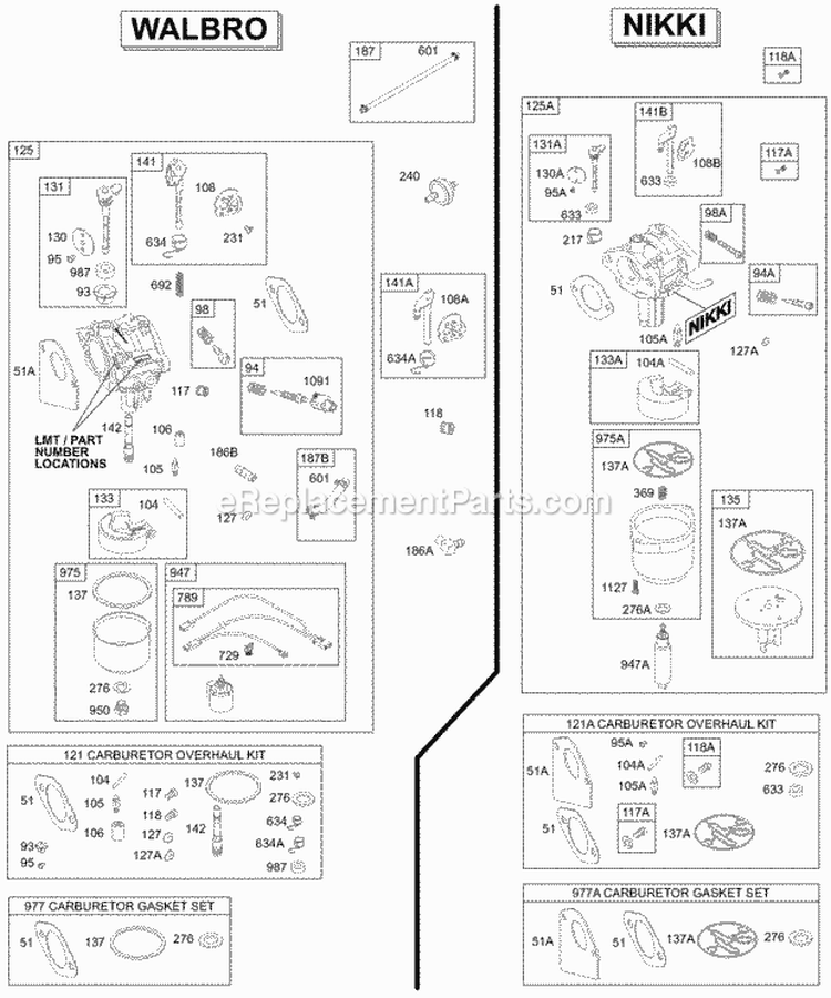 Carburetor Overhaul Kits Diagram and Parts List for 310707-0139-E1  Briggs and Stratton Engine